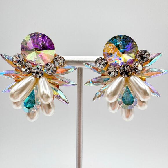 Vintage Rhinestone Earrings AB Rivoli Navettes Runway Ballroom Faux Pearls Bling - Picture 5 of 17